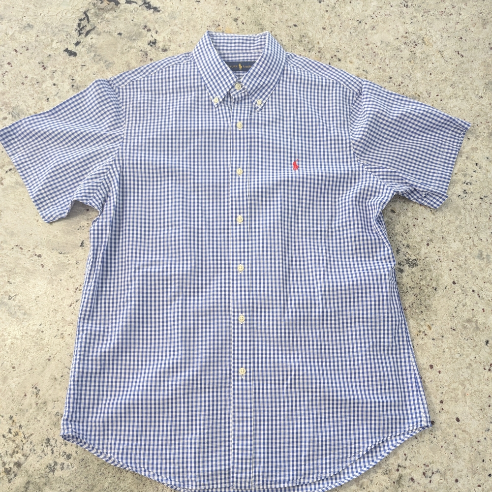 Ralph Lauren Blue and White Gingham Short Sleeve Button-Down Shirt